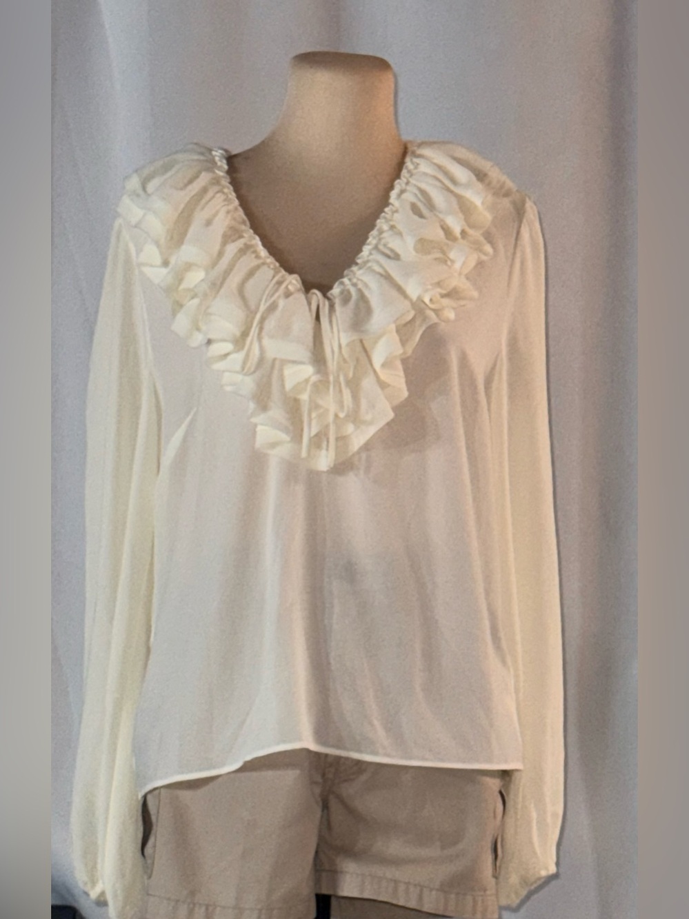 Wayf Cream Ruffle V-Neck Long-Sleeve Blouse
